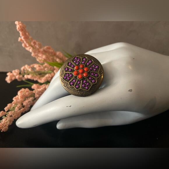 Bohemian Brass w/Coral & Purple Stone Locket Ring sz 8 - Picture 1 of 14